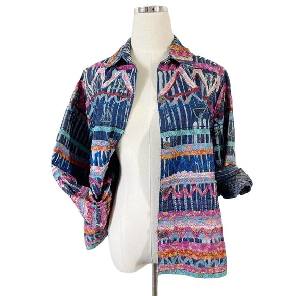 Vintage Chico’s Scrap Art Denim Jacket Multicolor Embroidery Medium (Size 1) - Picture 5 of 12